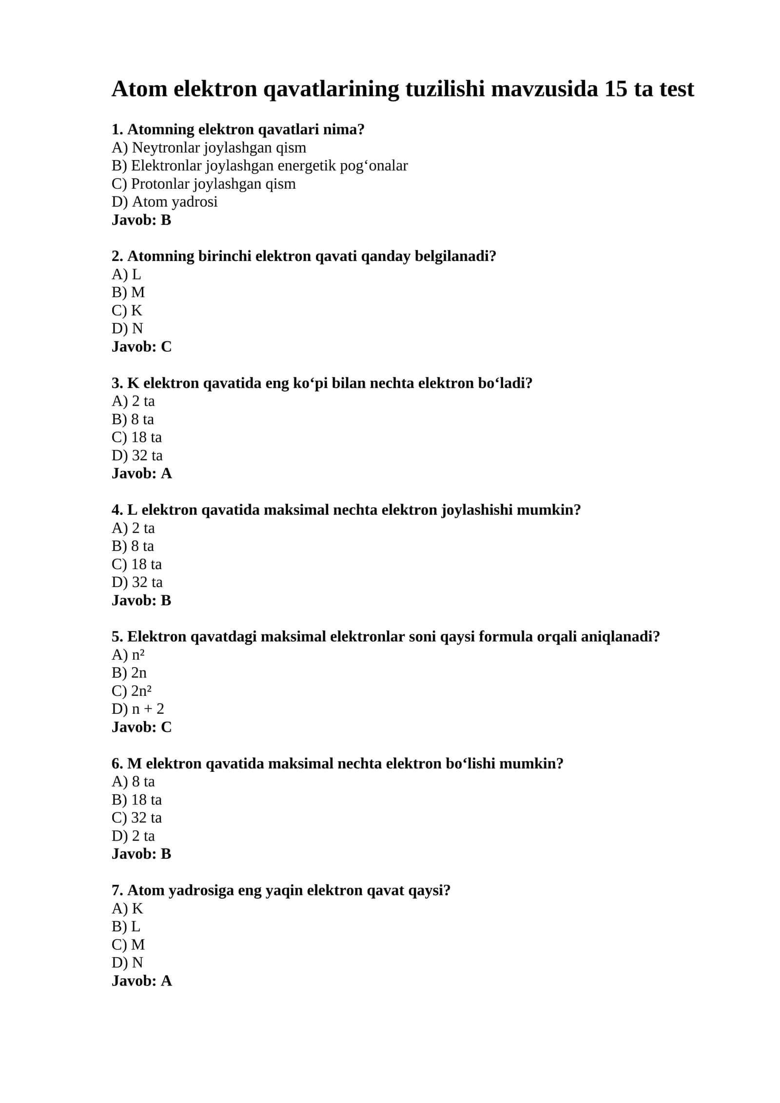 Atom elektron qavatlarining tuzilishi