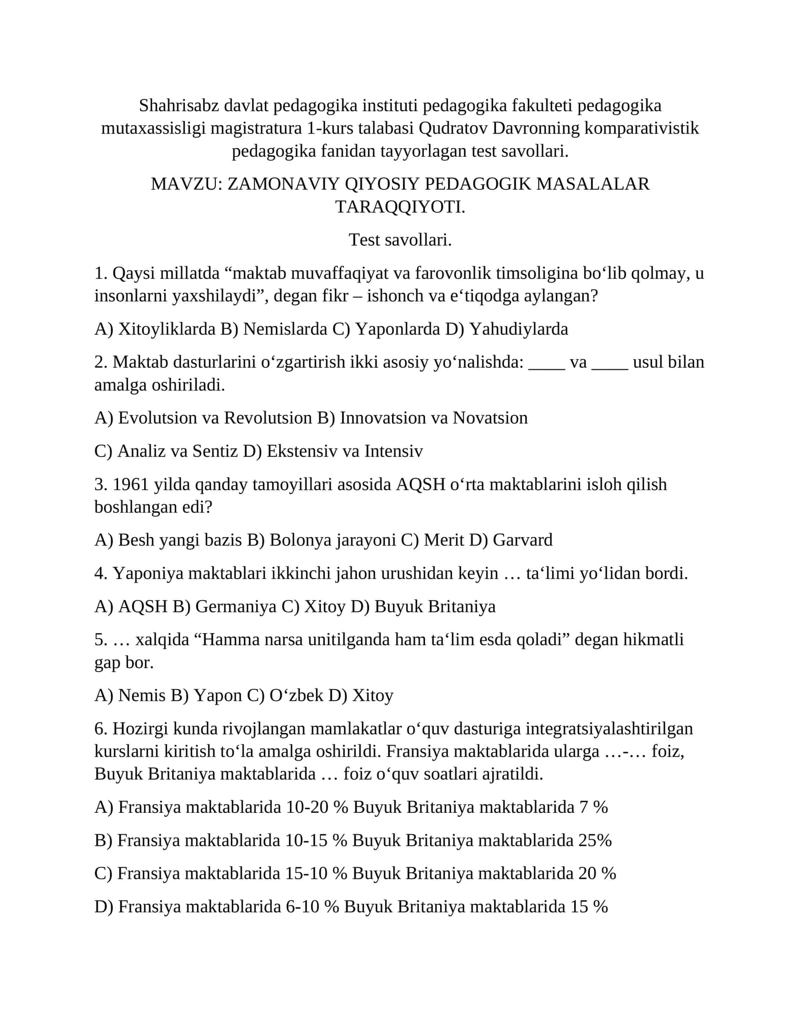 Zamonaviy qiyosiy pedagogik masalalar taraqqiyoti