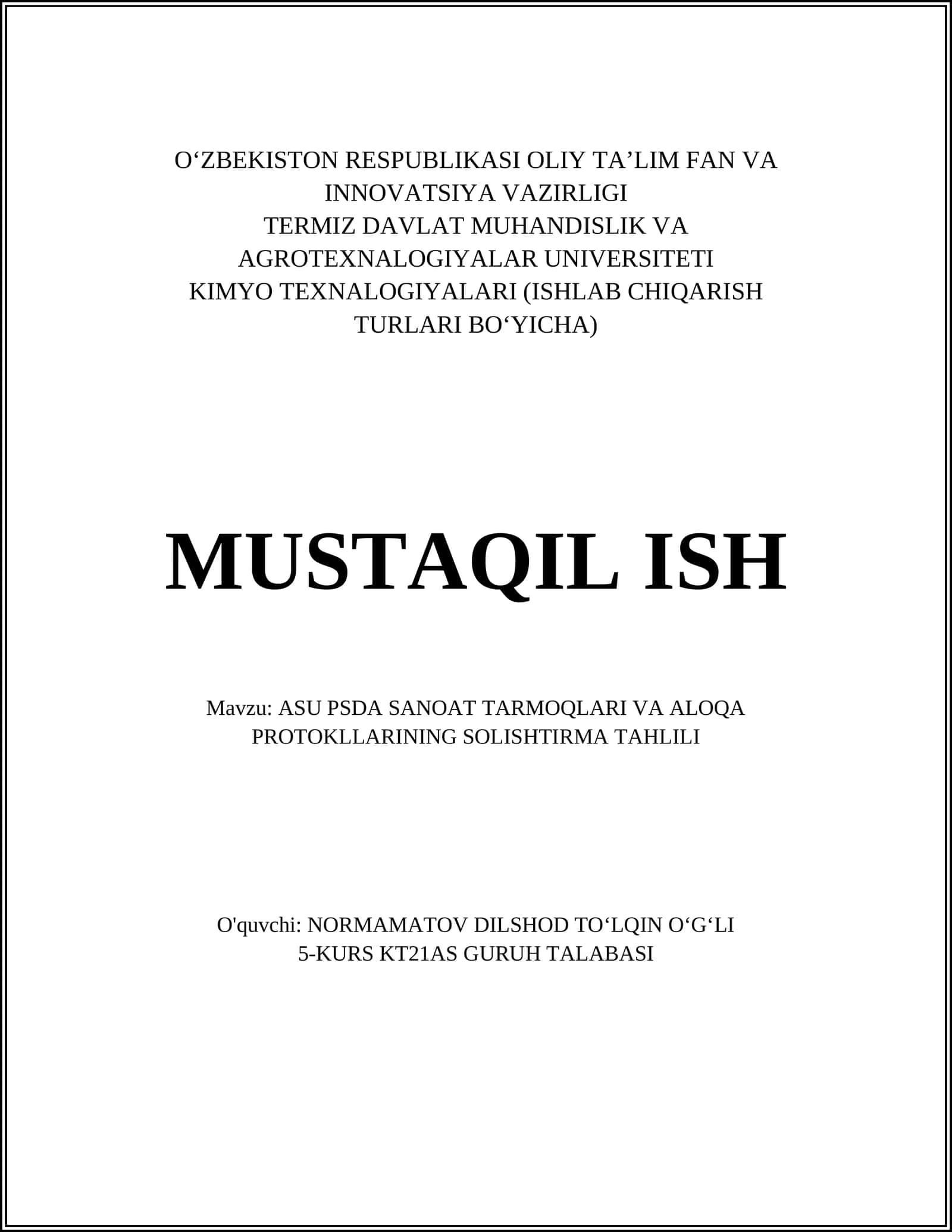 ASU PSDA SANOAT TARMOQLARI VA ALOQA PROTOKLLARINING SOLISHTIRMA TAHLILI