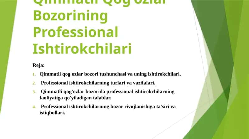 Qimmatli Qog'ozlar Bozorining Professional Ishtirokchilari