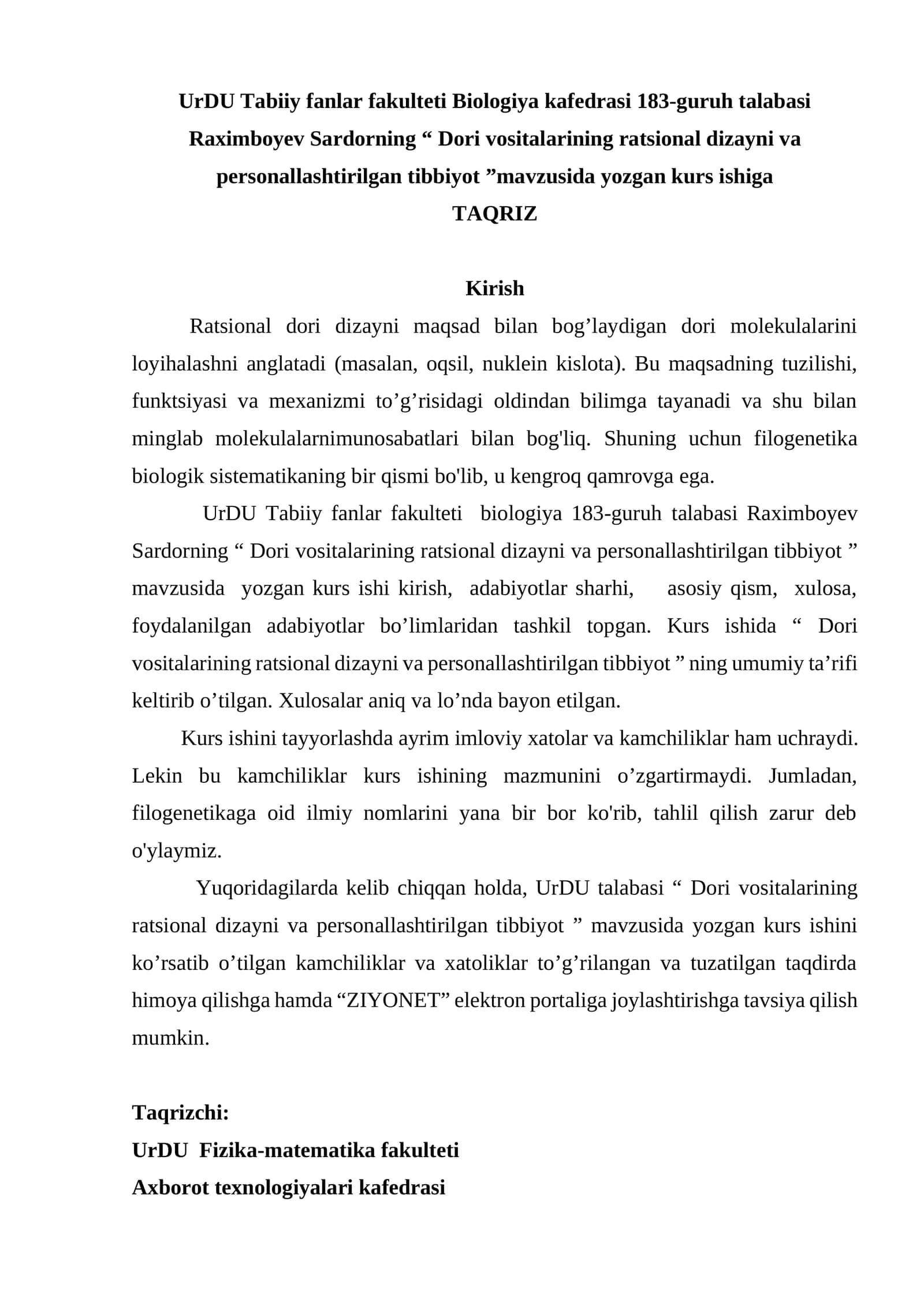 Dori vositalarining ratsional dizayni va personallashtirilgan tibbiyot