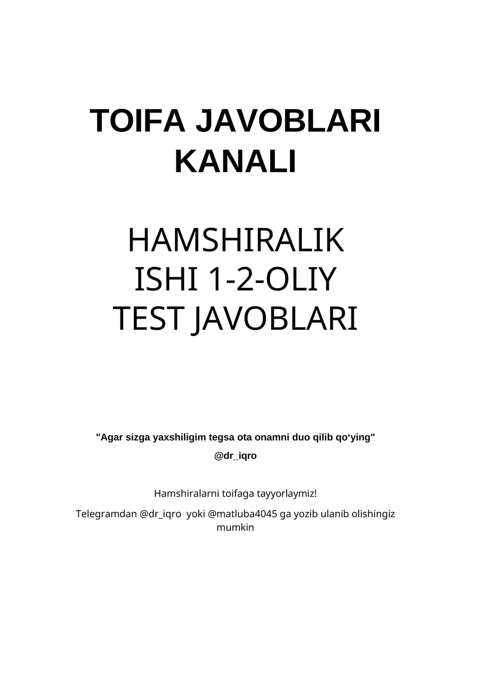 Ҳамширалик иши 1-2-ОЛИЙ TEST JAVOBLARI