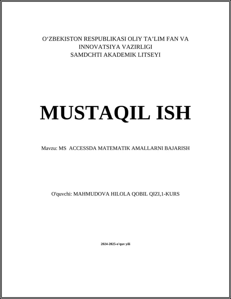 MS ACCESSDA MATEMATIK AMALLARNI BAJARISH