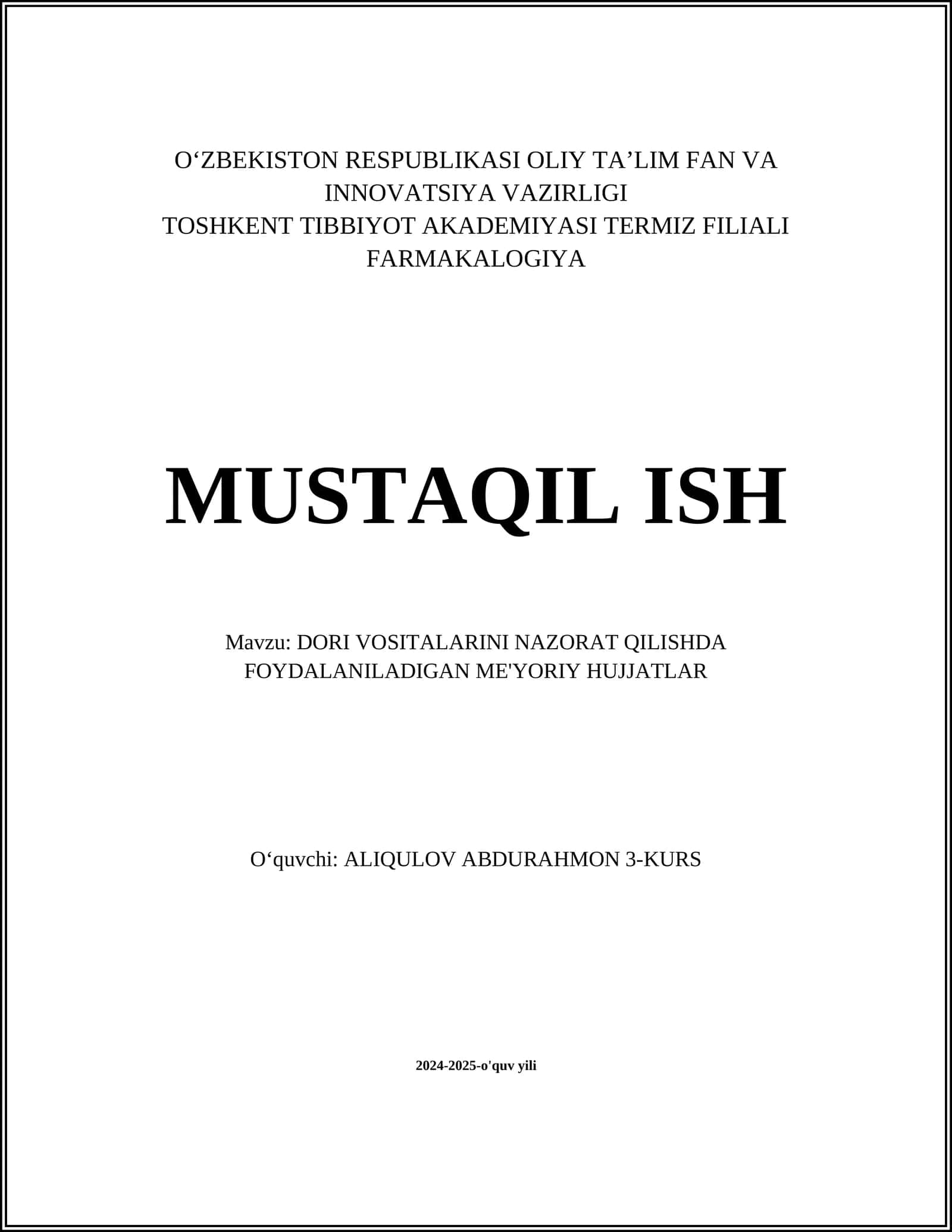 Dori Vositalarini Nazorat Qilishda Foydalaniladigan Me'yoriy Hujjatlar