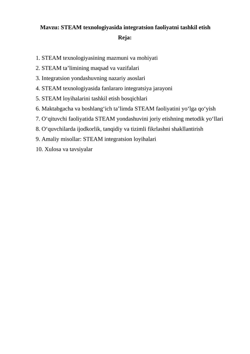 STEAM texnologiyasida integratsion faoliyatni tashkil etish