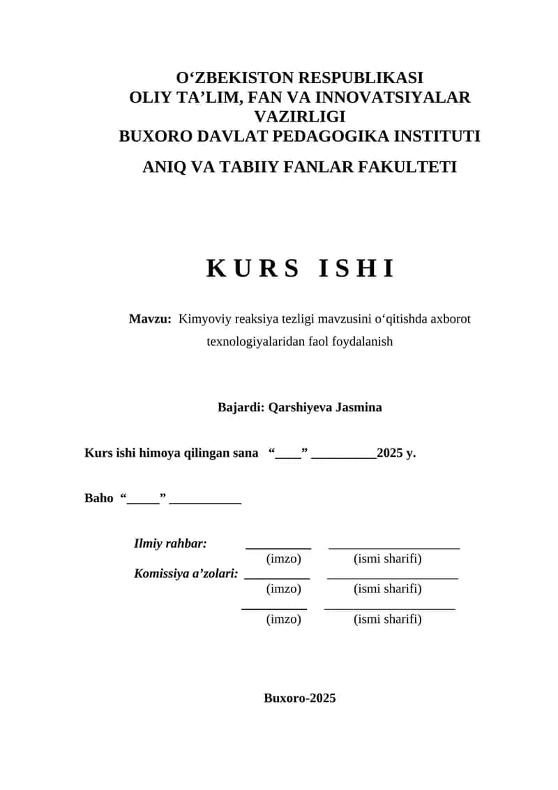Kimyoviy reaksiya tezligi mavzusini o‘qitishda axborot texnologiyalaridan faol foydalanish