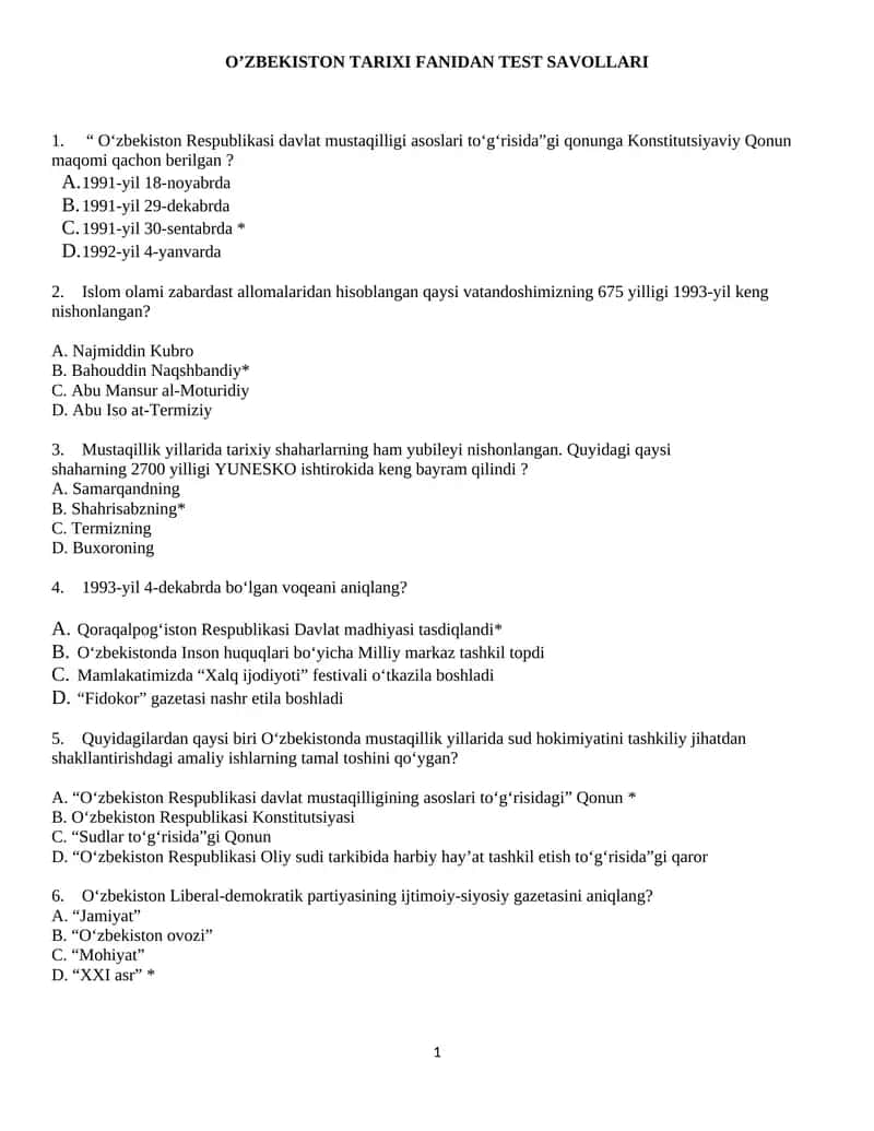 O’ZBEKISTON TARIXI FANIDAN TEST SAVOLLARI