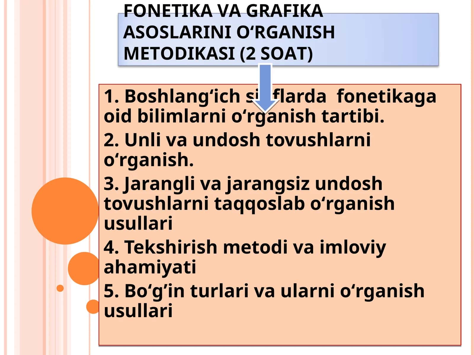 FONETIKA VA GRAFIKA ASOSLARINI OʻRGANISH METODIKASI (2 SOAT)