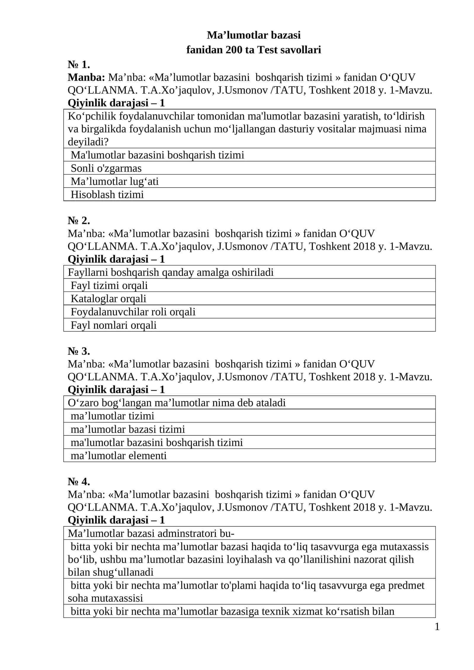 Ma’lumotlar bazasi fanidan 200 ta Test savollari