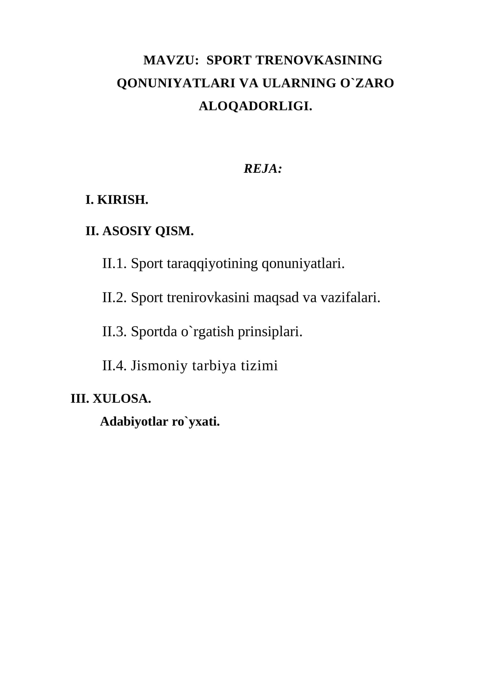 SPORT TRENOVKASINING QONUNIYATLARI VA ULARNING O`ZARO ALOQADORLIGI