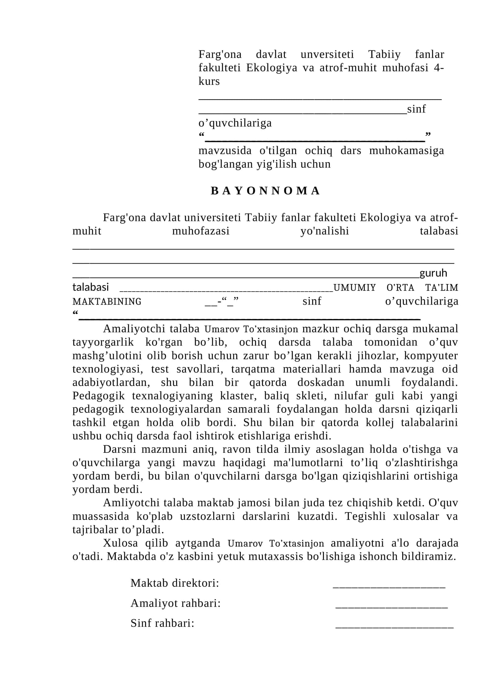 ochiq dars bayonnomasi