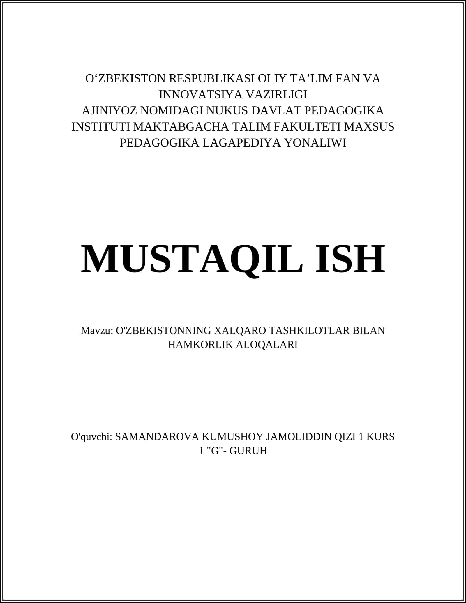 O'ZBEKISTONNING XALQARO TASHKILOTLAR BILAN HAMKORLIK ALOQALARI