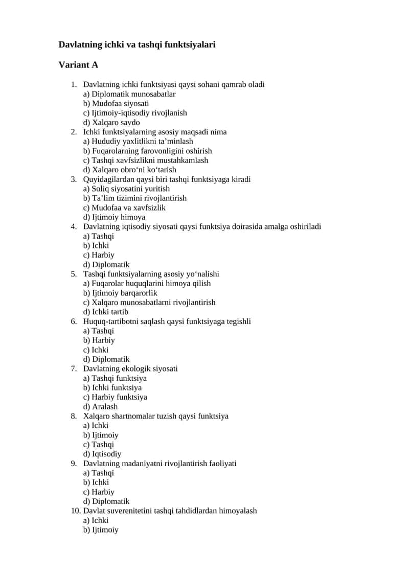 Davlatning ichki va tashqi funktsiyalari