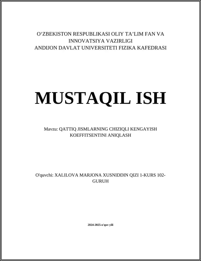 QATTIQ JISMLARNING CHIZIQLI KENGAYISH KOEFFITSENTINI ANIQLASH
