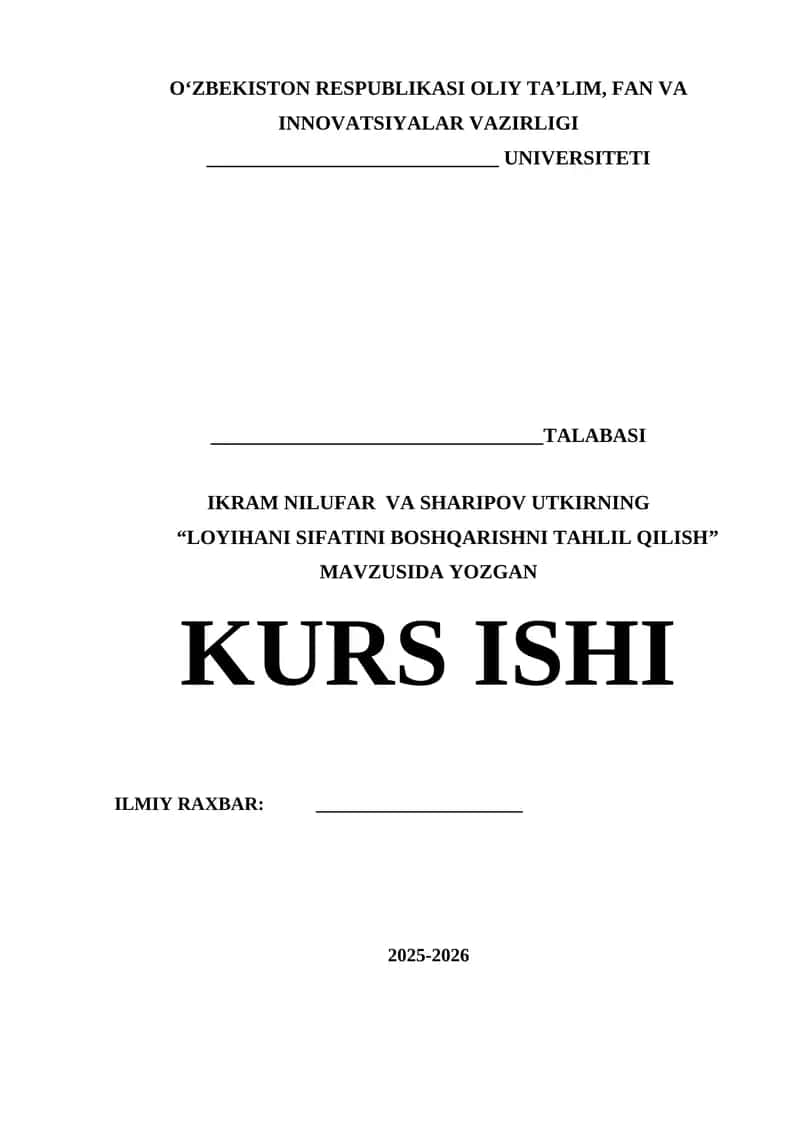 LOYIHANI SIFATINI BOSHQARISHNI TAHLIL QILISH