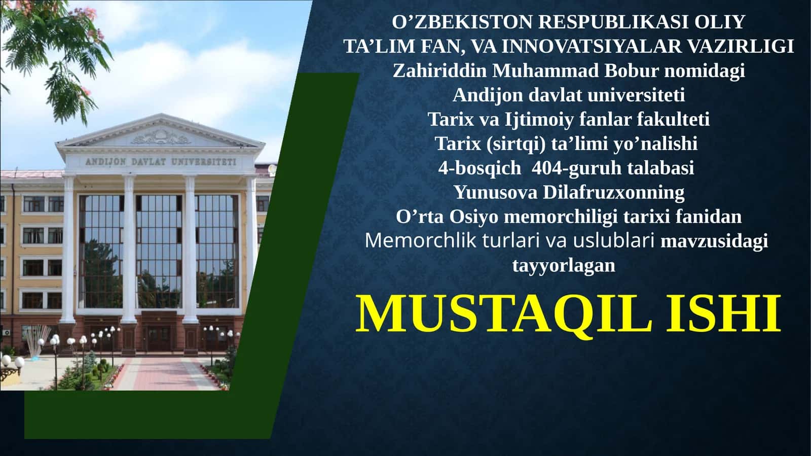 O’rta Osiyo memorchiligi tarixifanidan Memorchlikturlarivauslublarimavzusidagi MUSTAQIL ISHI