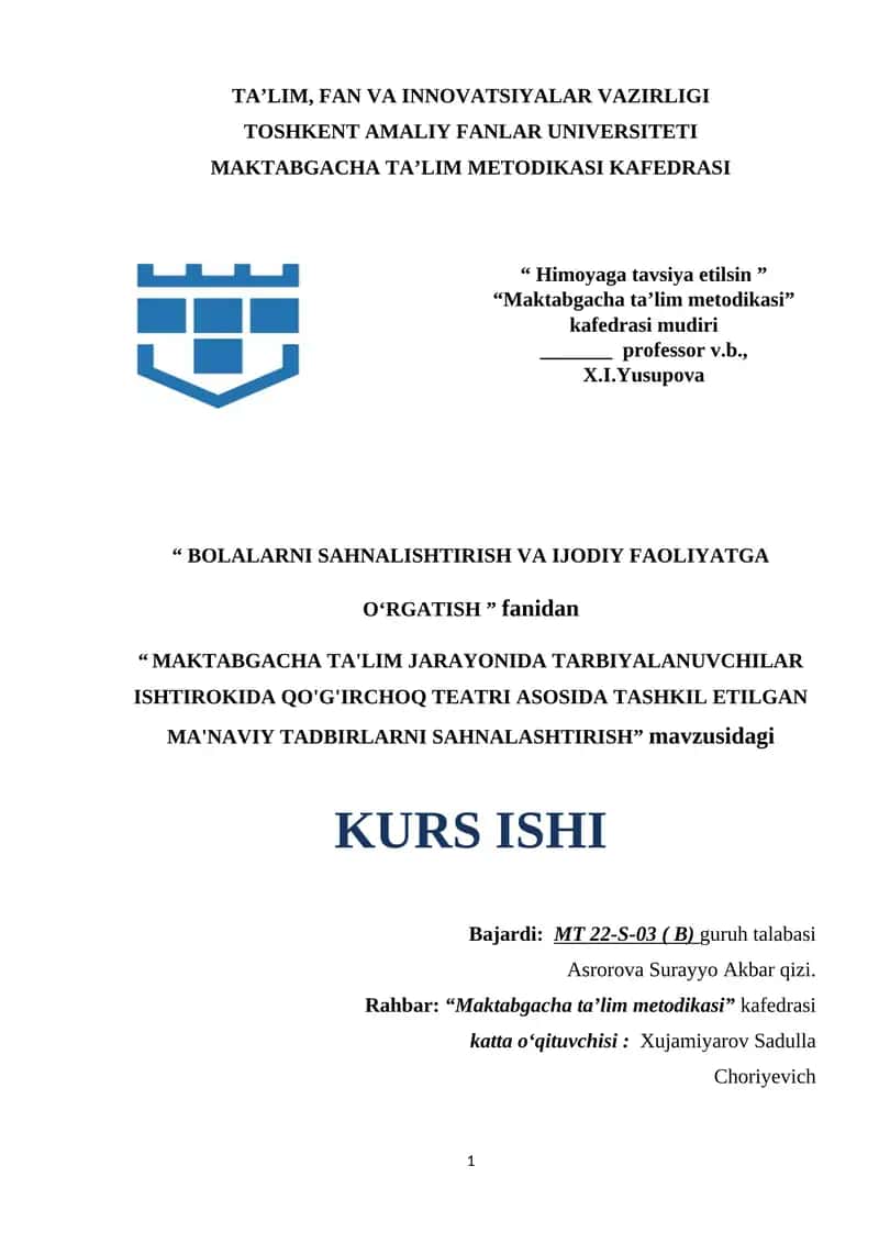 MAKTABGACHA TA'LIM JARAYONIDA TARBIYALANUVCHILAR ISHTIROKIDA QO'G'IRCHOQ TEATRI ASOSIDA TASHKIL ETILGAN MA'NAVIY TADBIRLARNI SAHNALASHTIRISH.docx