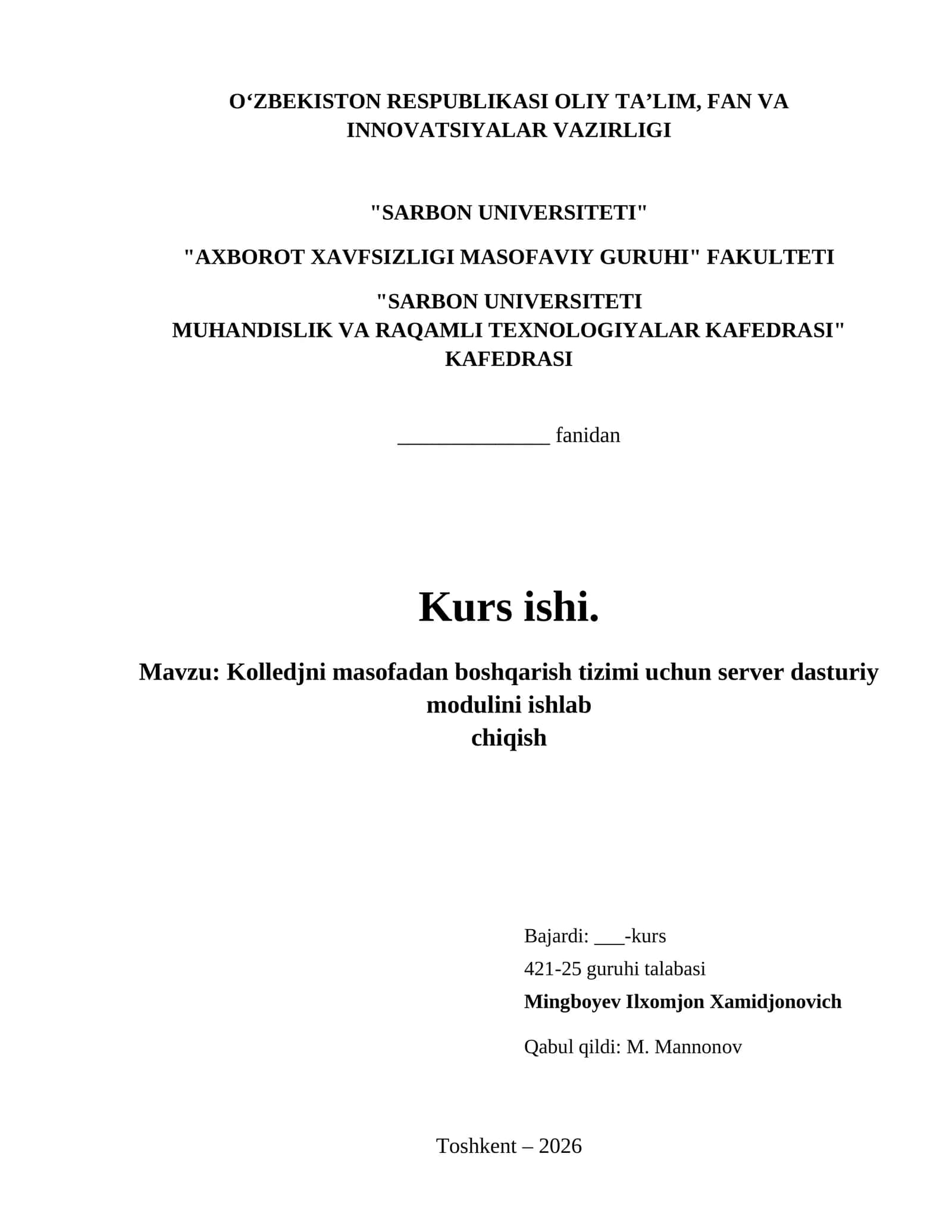 Kolledjni masofadan boshqarish tizimi uchun server dasturiy modulini ishlab