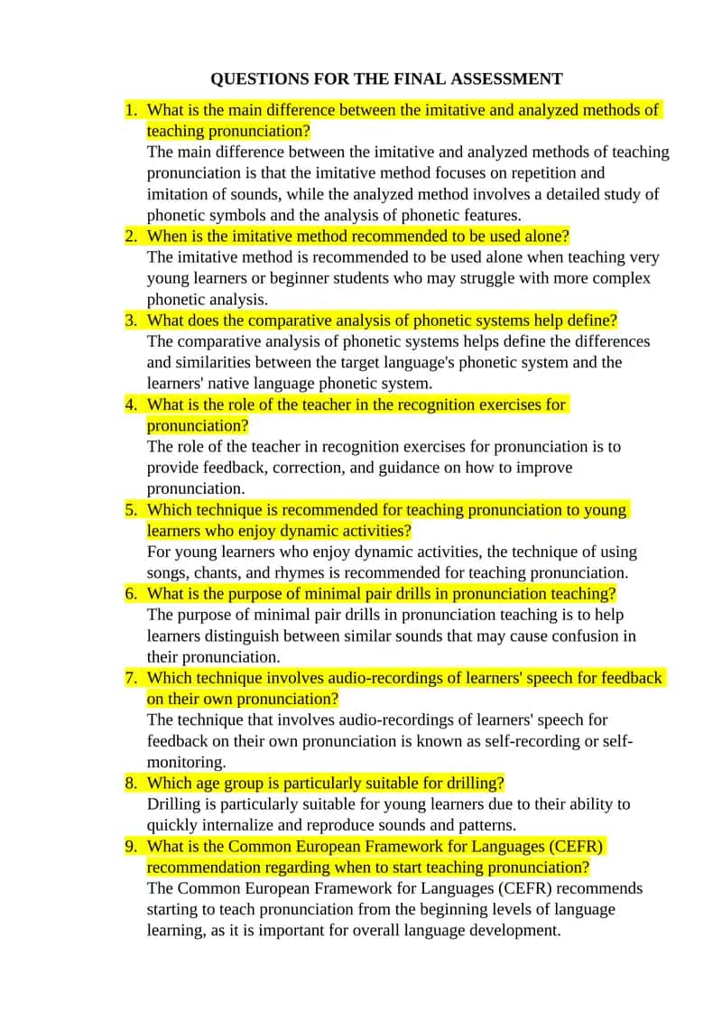 Questions for the Final Assessment