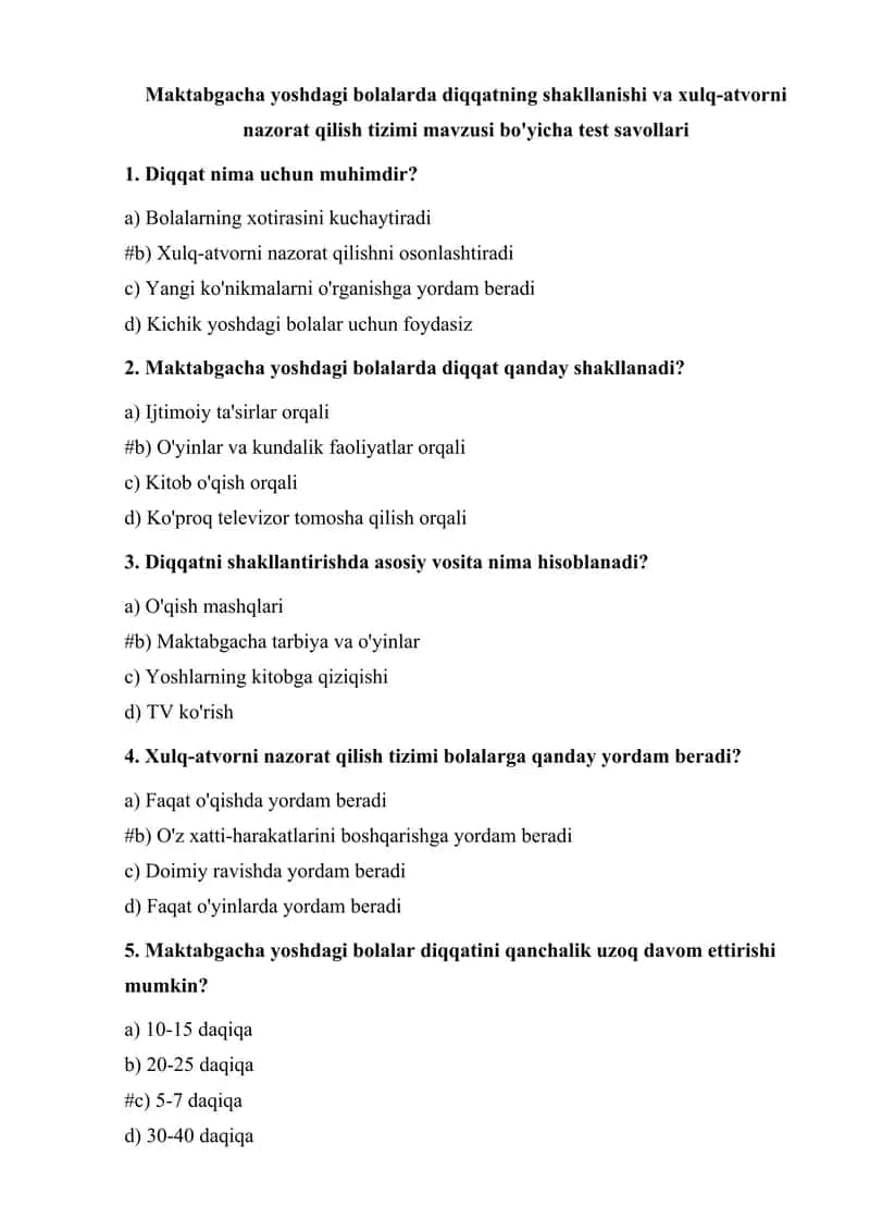 Diqqatning shakllanishi va xulq-atvorni nazorat qilish tizimi test savollari