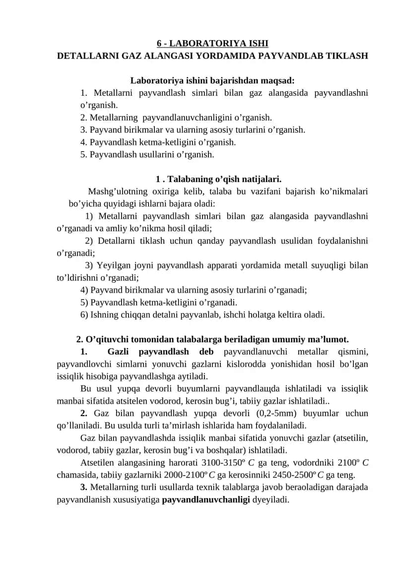 LABORATORIYA ISHI DETALLARNI GAZ ALANGASI YORDAMIDA PAYVANDLAB TIKLASH