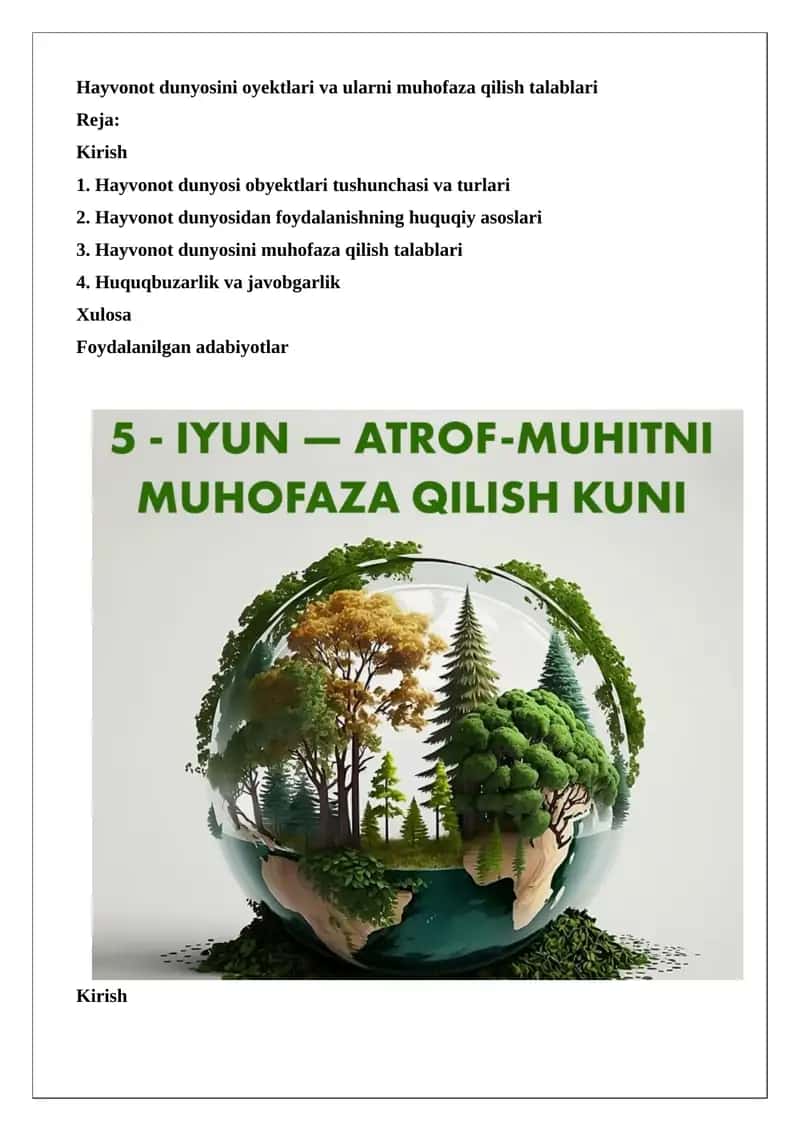 Hayvonot dunyosini oyektlari va ularni muhofaza qilish talablari