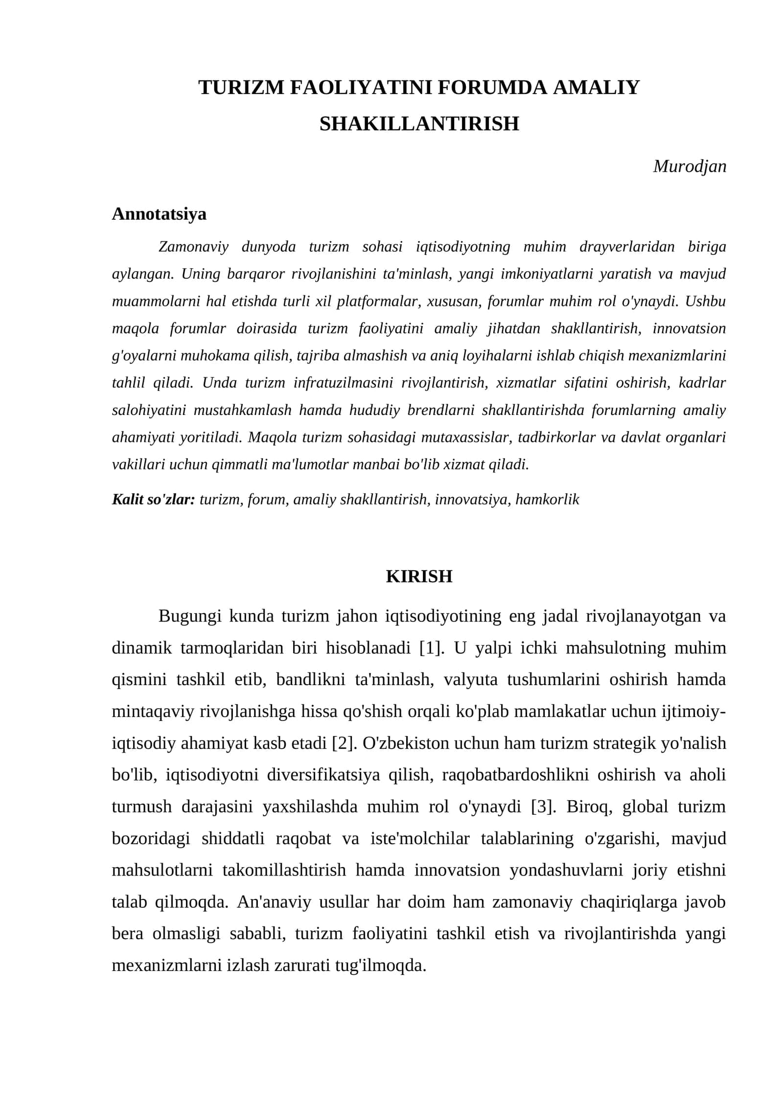 TURIZM FAOLIYATINI FORUMDA AMALIY SHAKILLANTIRISH