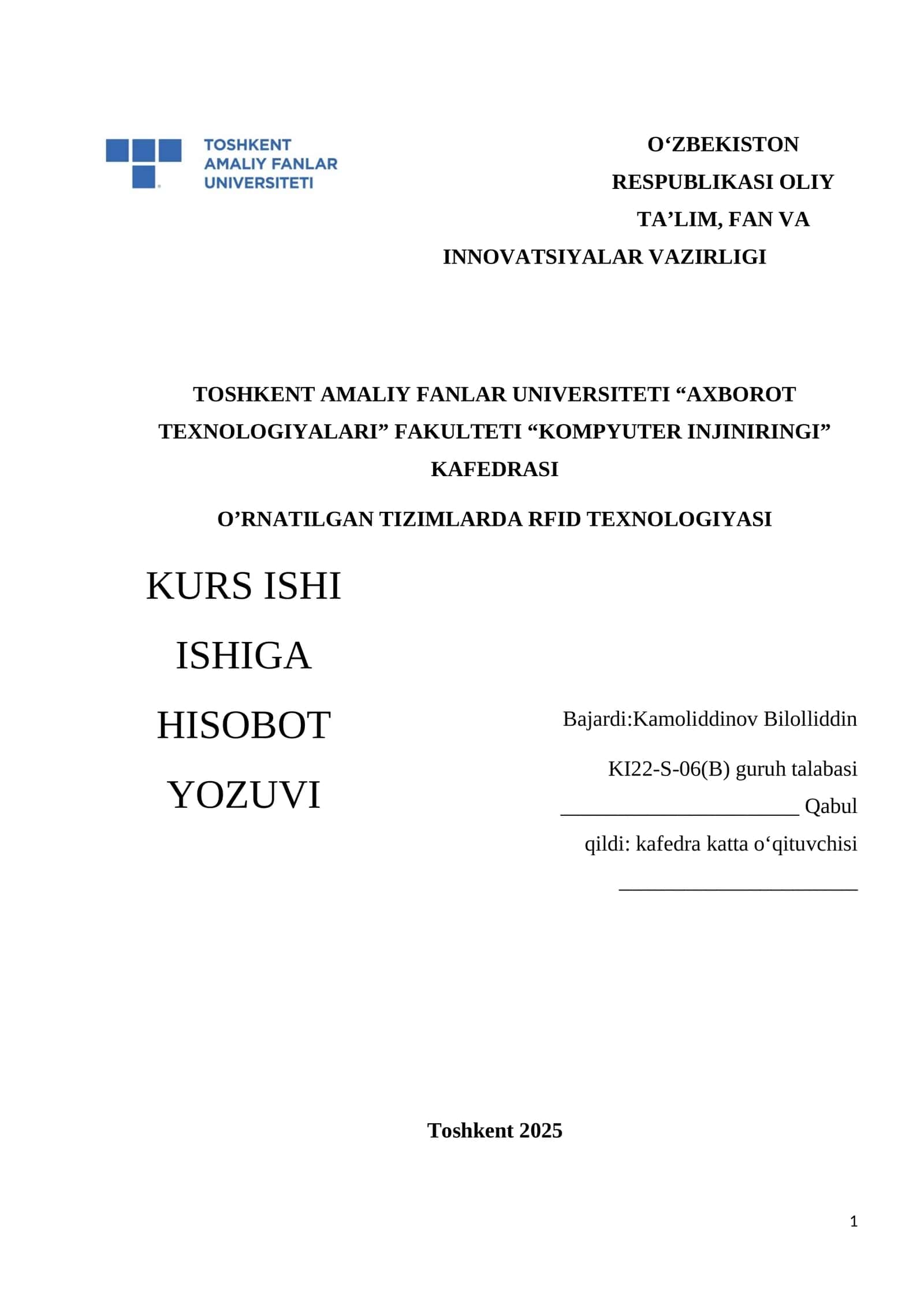 O‘RNATILGAN TIZIMLARDA RFID TEXNOLOGIYASI