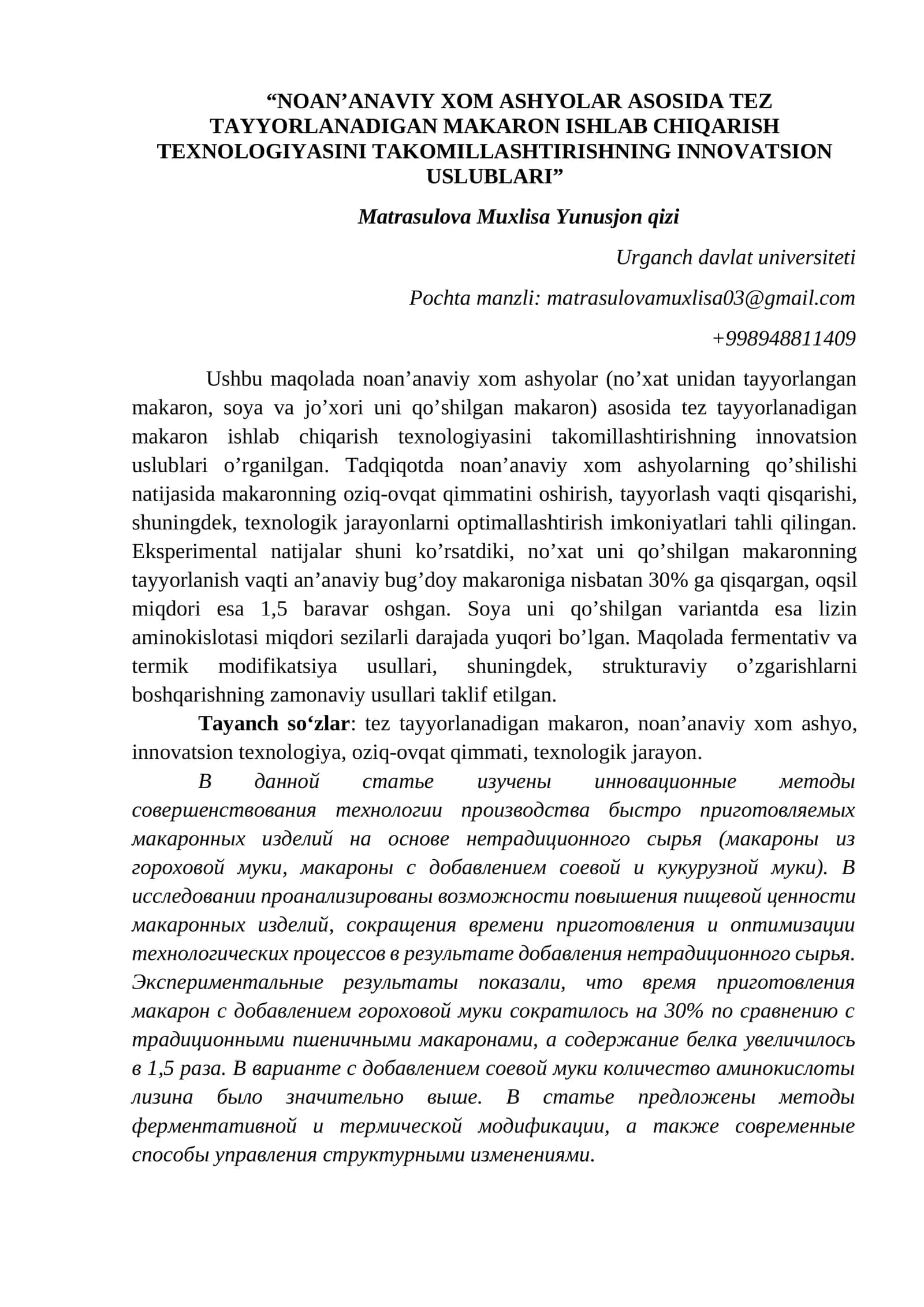 Noan'anaviy xom ashyolar asosida tez tayyorlanadigan makaron ishlab chiqarish texnologiyasi