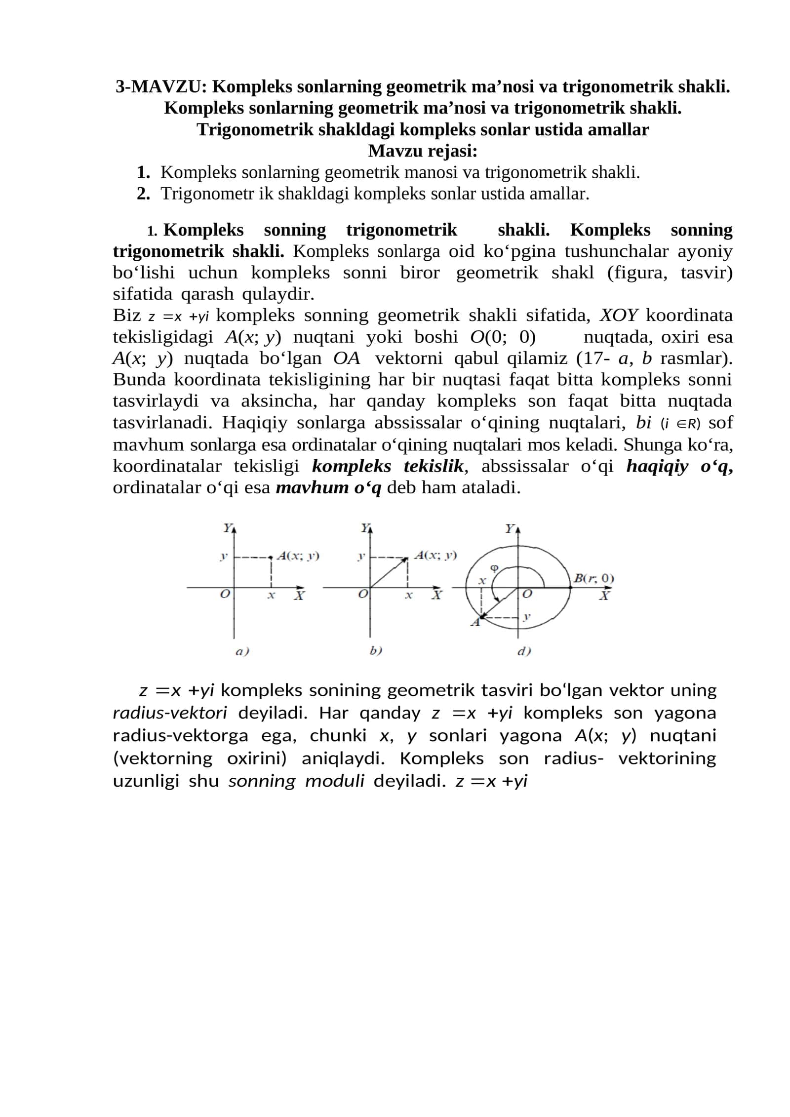 Kompleks sonlarning geometrik ma’nosi va trigonometrik shakli