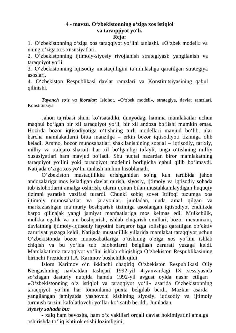 O‘zbekistonning o‘ziga xos istiqlol va taraqqiyot yo‘li