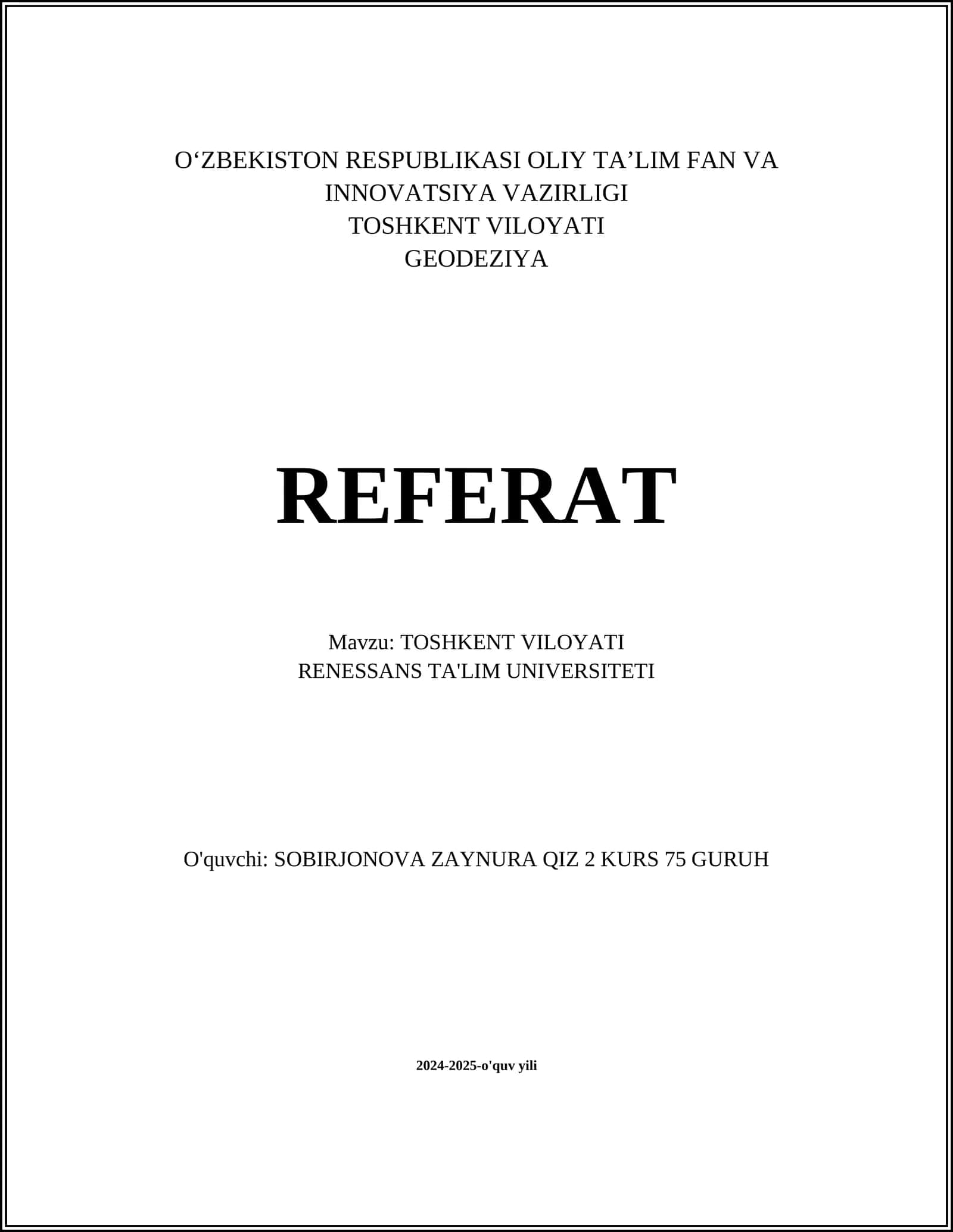 REFERAT TOSHKENT VILOYATI