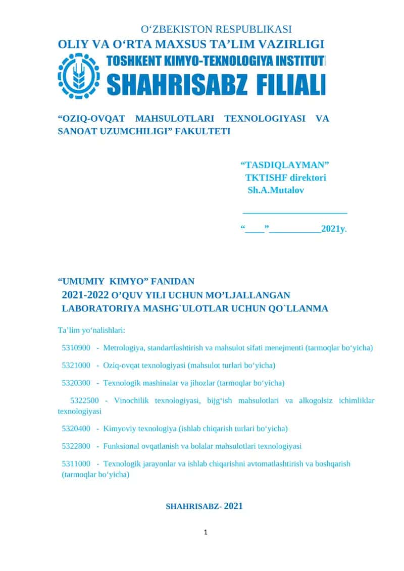 LABORATORIYA MASHG`ULOTLAR UCHUN QO`LLANMA