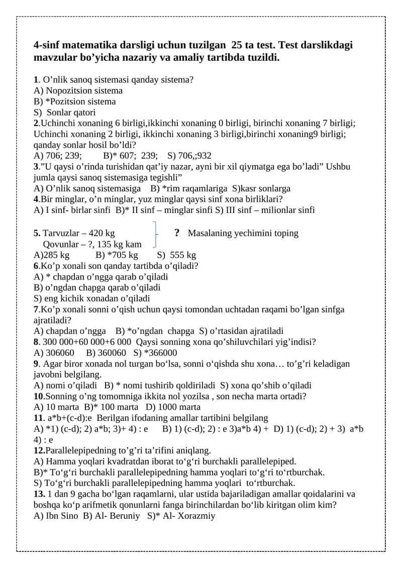 4-sinf matematika darsligi uchun tuzilgan 25 ta test