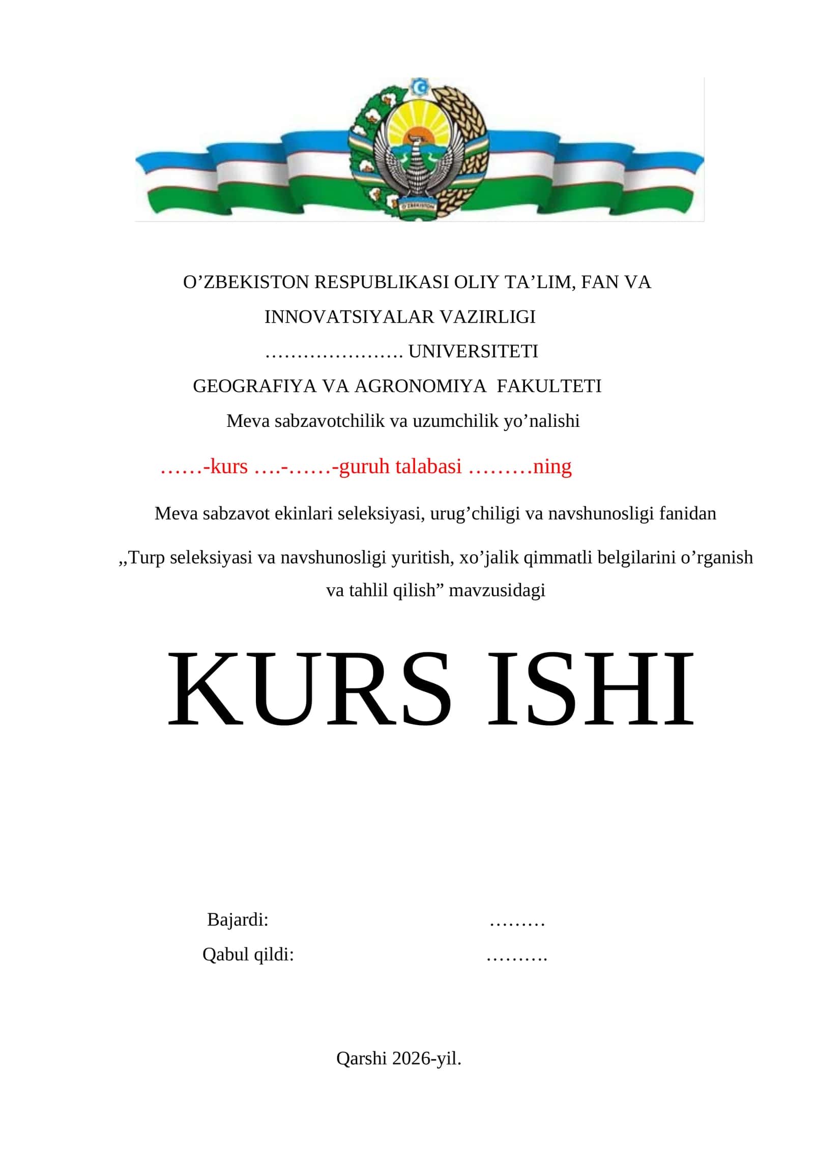 Turp seleksiyasi va navshunosligi yuritish, xo’jalik qimmatli belgilarini o’rganish va tahlil qilish mavzusida kurs ishi.
