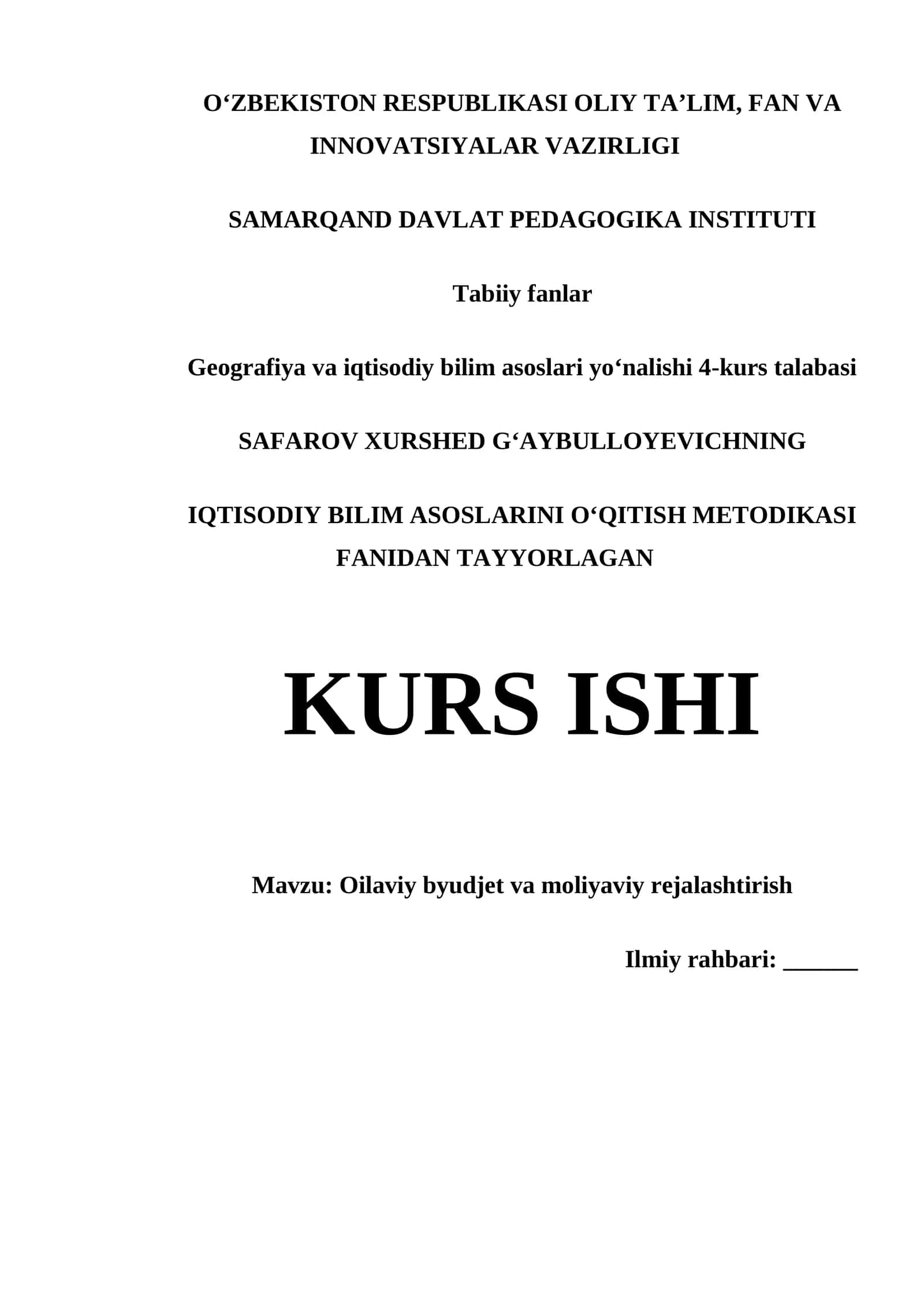 Oilaviy byudjet va moliyaviy rejalashtirish