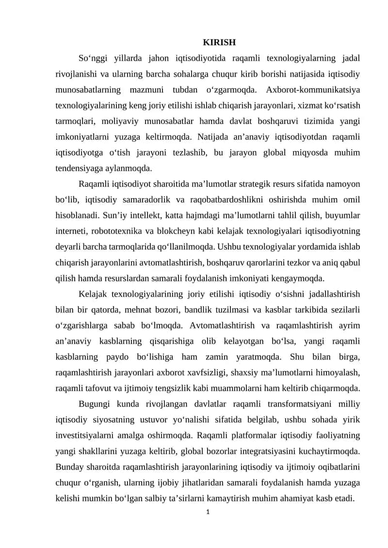Kelajak texnologiyalari va raqamlashtirish oqibatlari.
