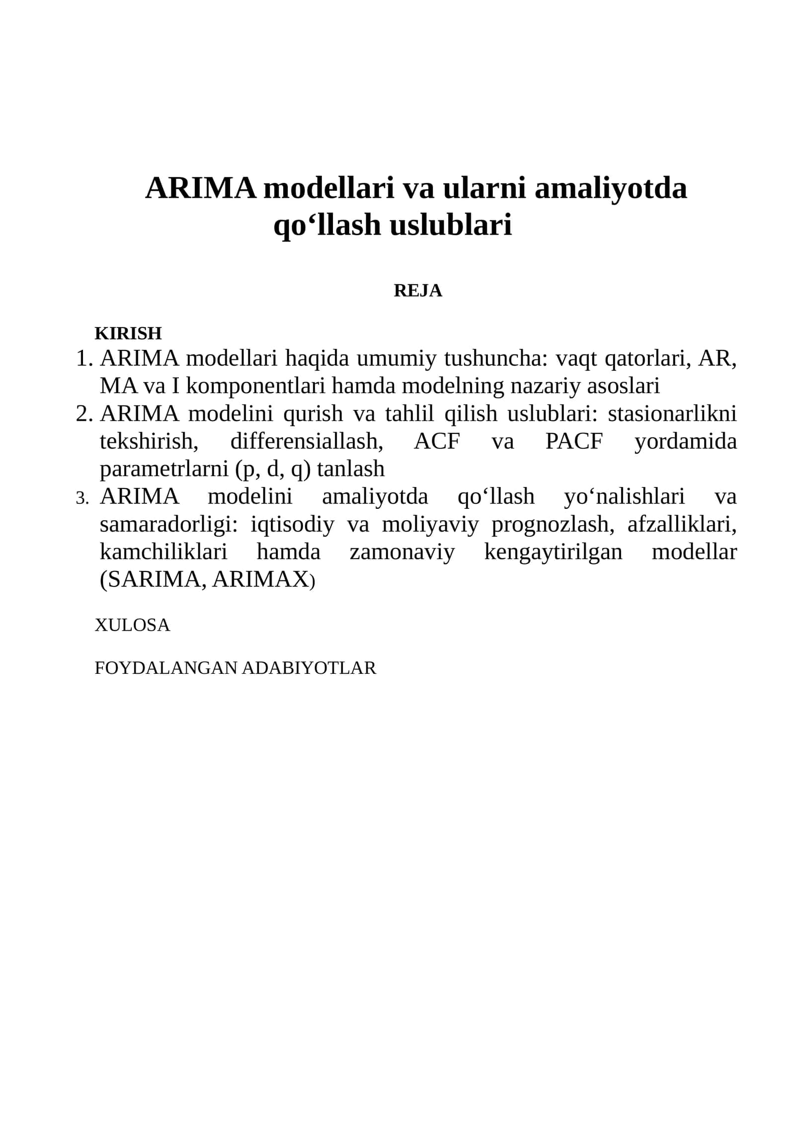 ARIMA modellari va ularni amaliyotda qo‘llash uslublari