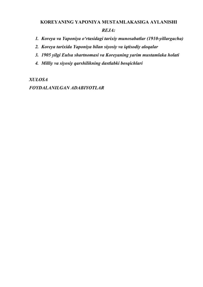 KOREYANING YAPONIYA MUSTAMLAKASIGA AYLANISHI