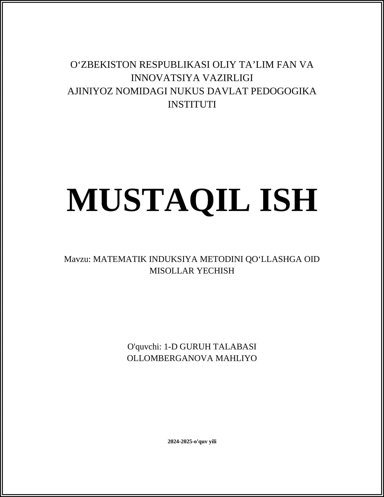 MATEMATIK INDUKSIYA METODINI QO'LLASHGA OID MISOLLAR YECHISH