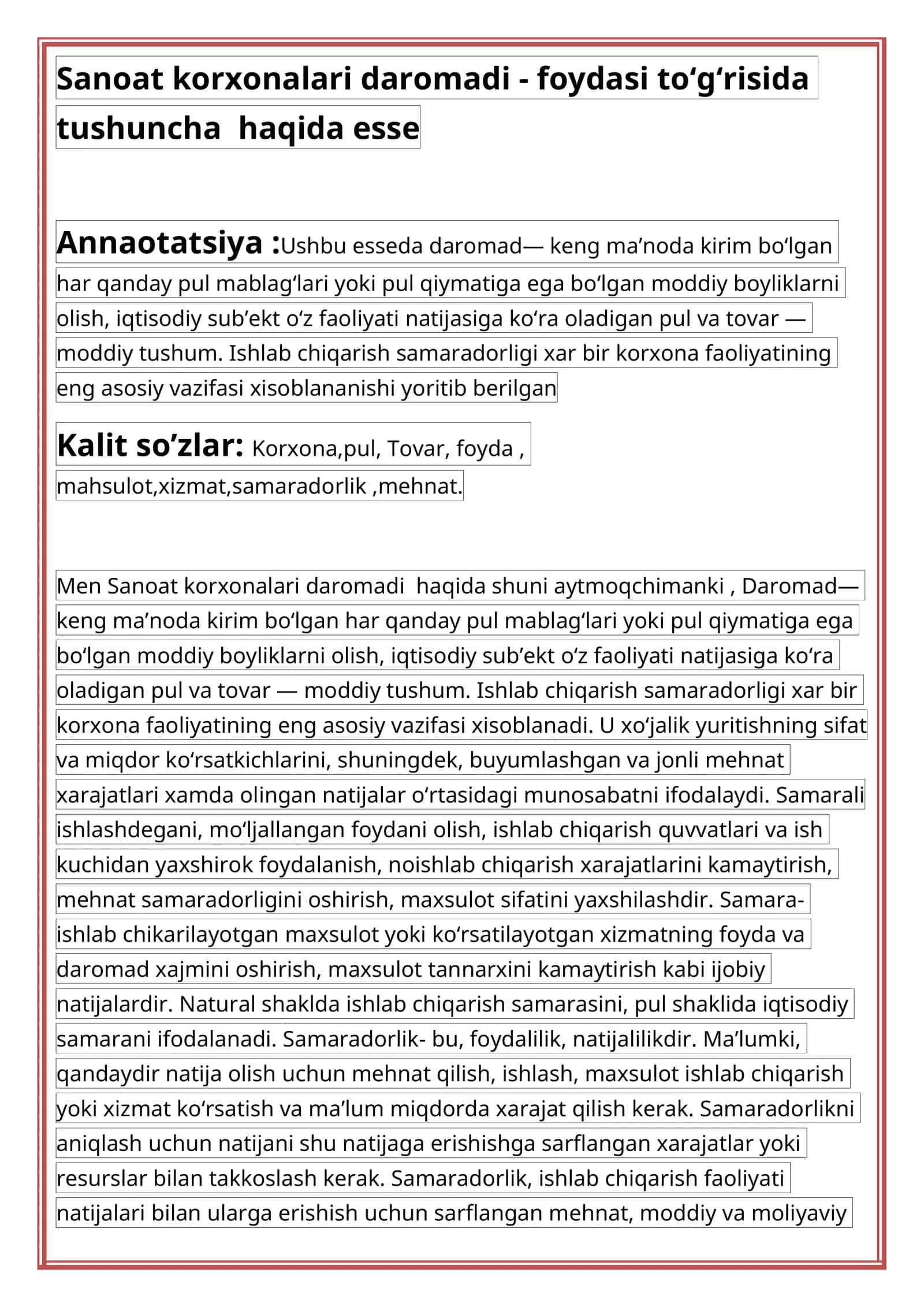 Sanoat korxonalari daromadi - foydasi to‘g‘risida tushuncha haqida esse