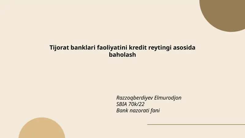 Tijorat banklari faoliyatini kredit reytingi asosida baholash