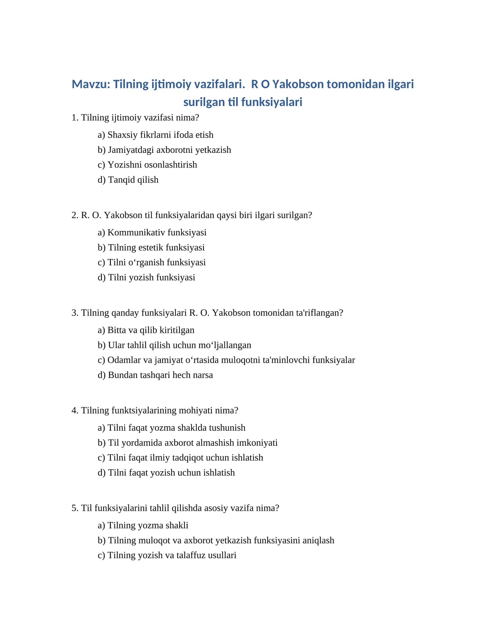Tilning ijtimoiy vazifalari. R O Yakobson tomonidan ilgari surilgan til funksiyalari
