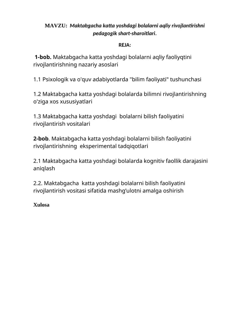 Maktabgacha katta yoshdagi bolalarni aqliy rivojlantirishni pedagogik shart-sharoitlari.