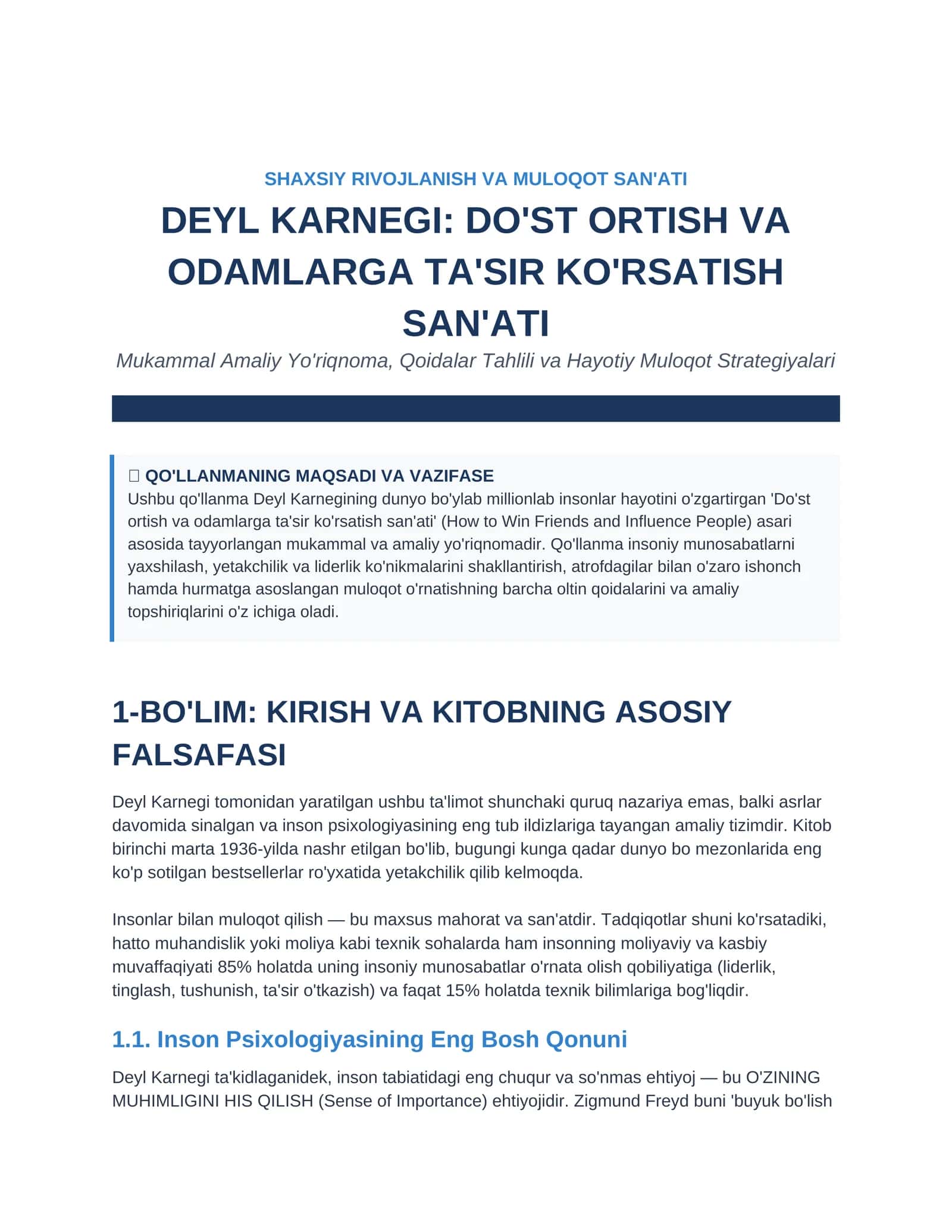 Deyl Karnegining kitobi asosida Do'st ortirish va odamlarga ta'sir qilish bo'yicha kichik qo'llanma