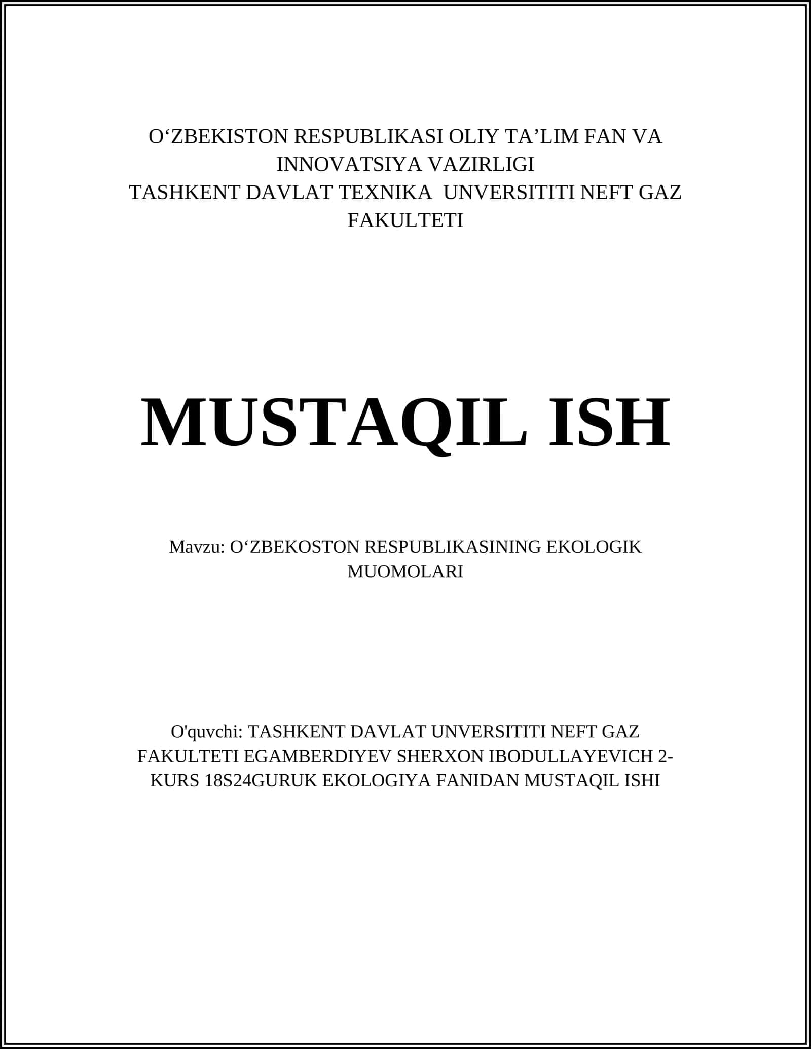 O‘ZBEKOSTON RESPUBLIKASINING EKOLOGIK MUOMOLARI
