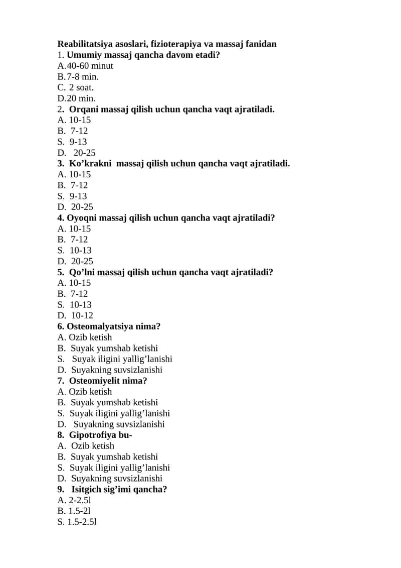 Reabilitatsiya asoslari, fizioterapiya va massaj fanidan