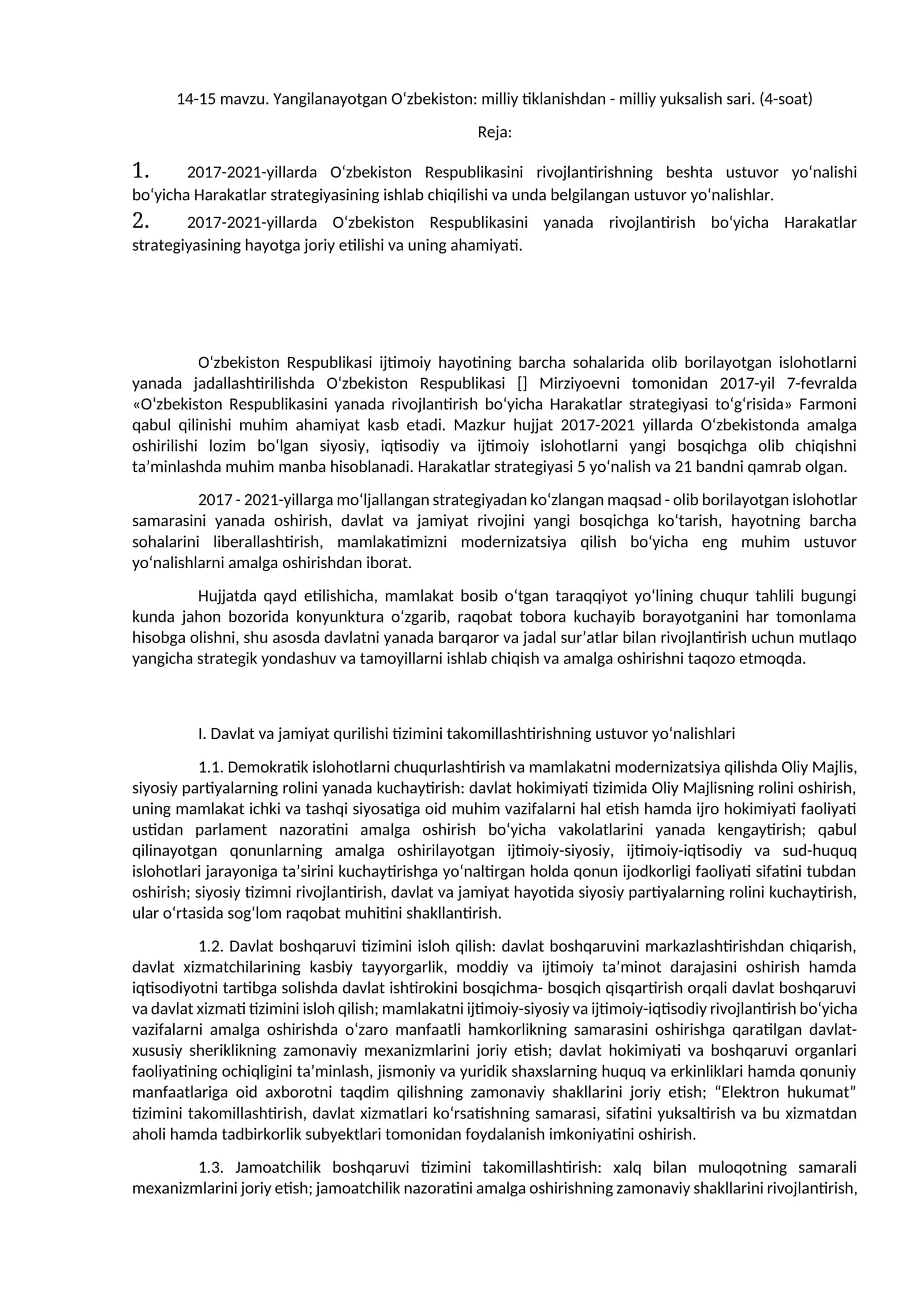 14-15 mavzu. Yangilanayotgan O‘zbekiston: milliy tiklanishdan - milliy yuksalish sari