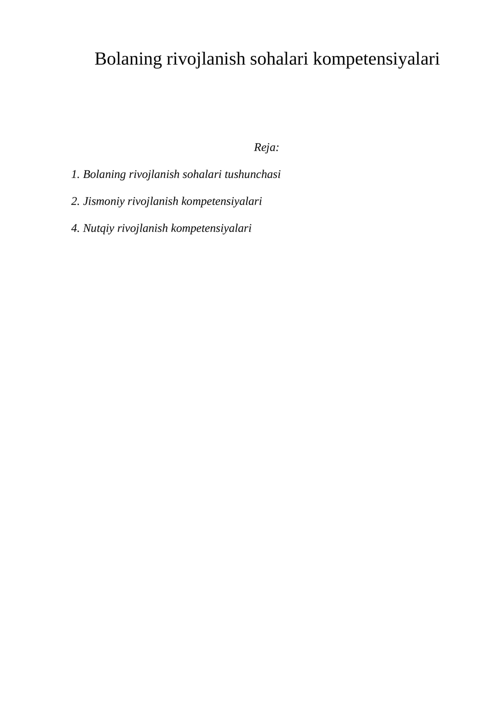 Bolaning rivojlanish sohalari kompetensiyalari