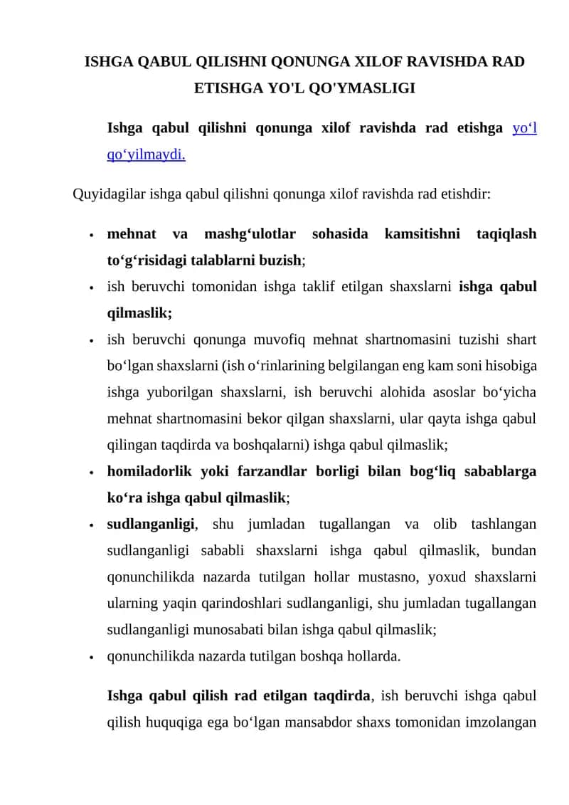 Ishga qabul qilishni qonunga xilof ravishda rad etishga yo‘l qo‘yilmaydi
